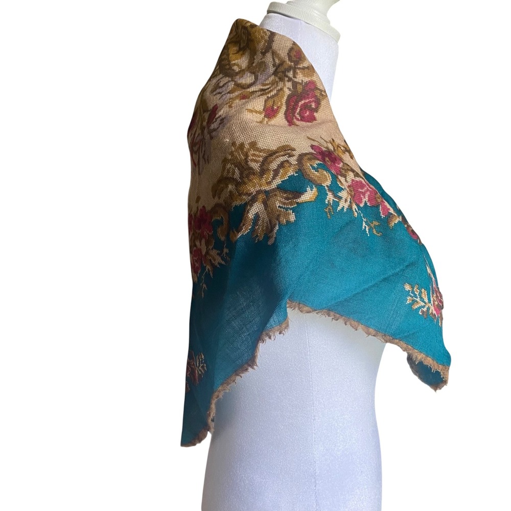 Vintage Glentex Teal Floral Tapestry Square Scarf Fringed Edge Victorian Style - Picture 2 of 13